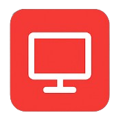 A logo of a white outlined monitor on red background
